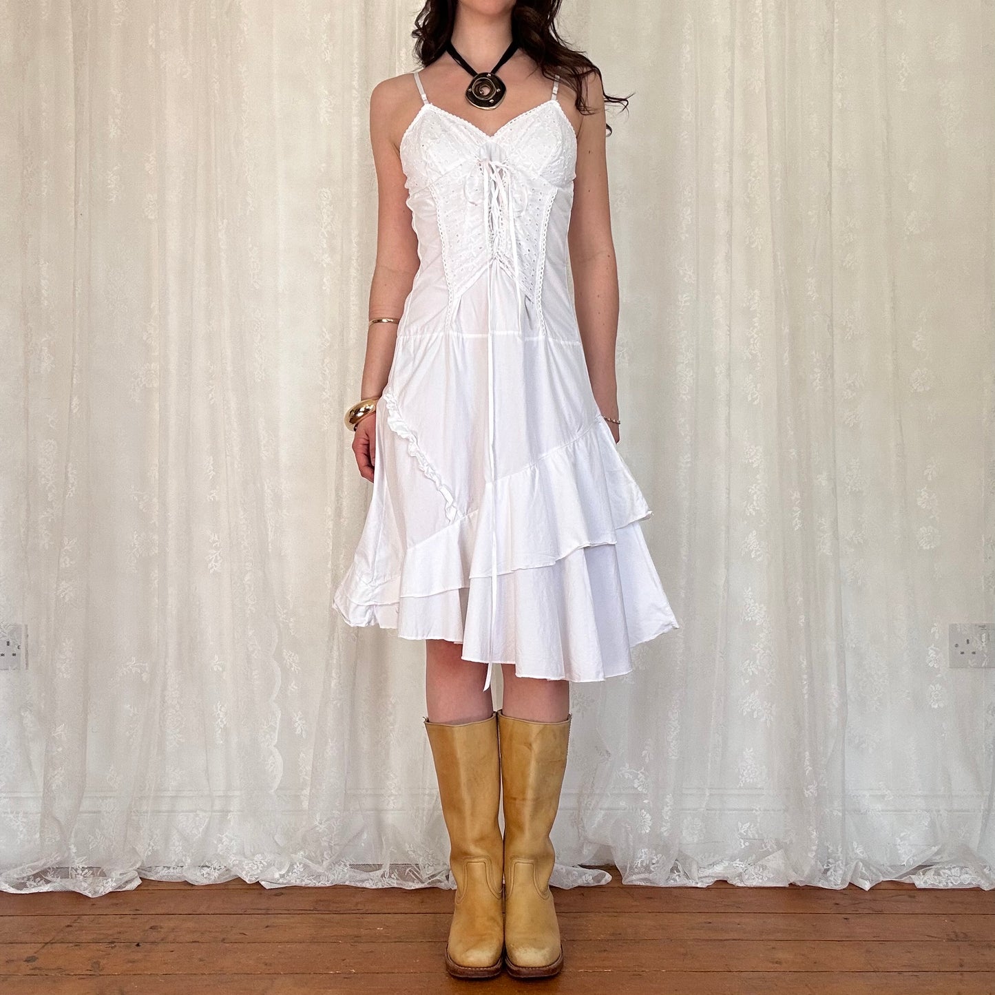 vintage 00s white broderie tie up front midi dress