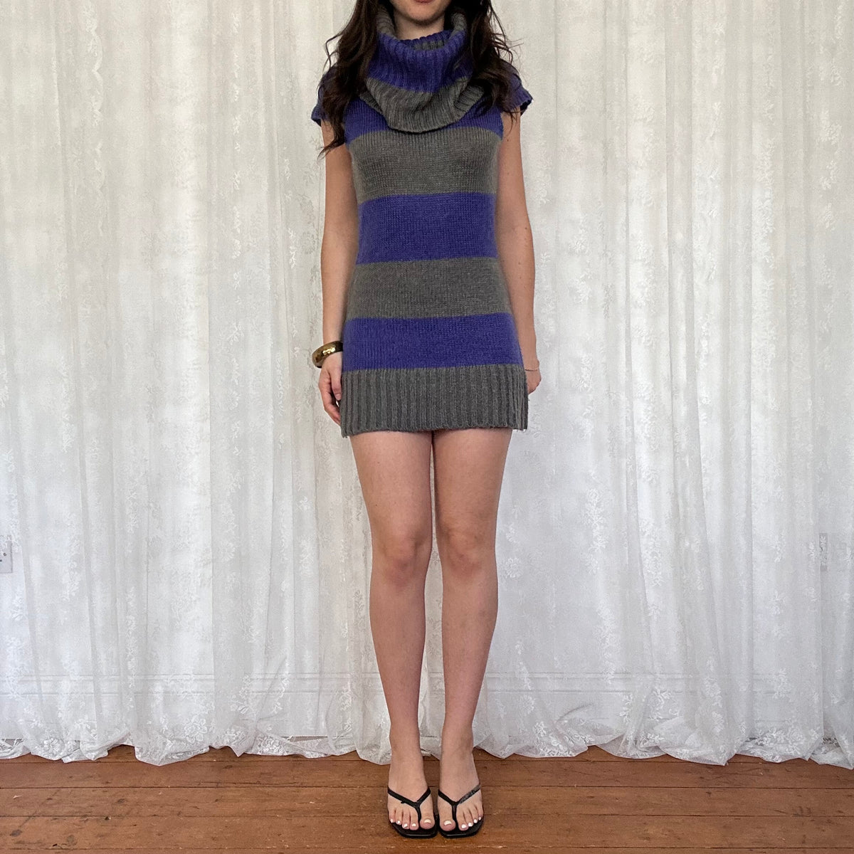 vintage 00s grey and purple striped cowl neck jumper dress