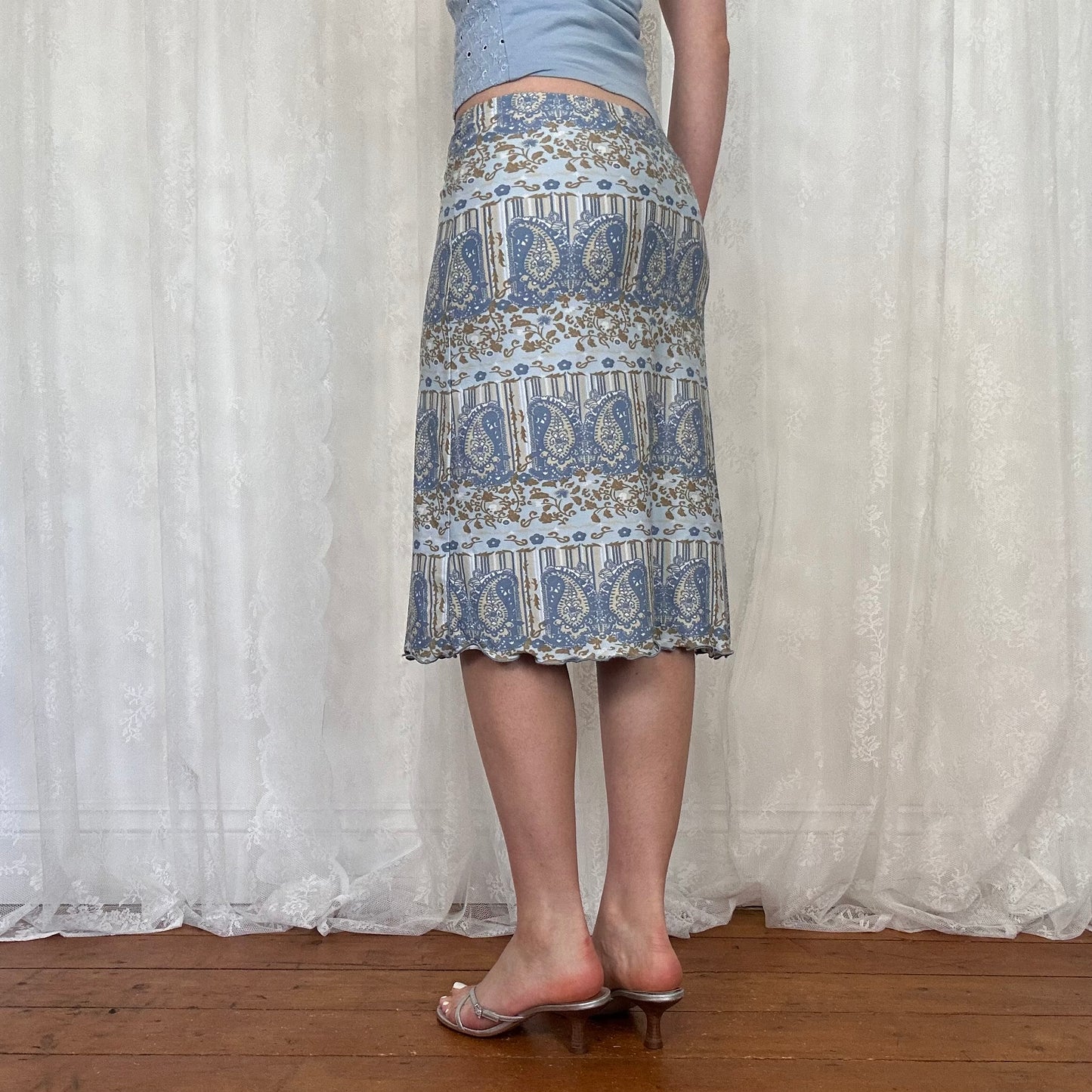 vintage 00s blue and brown paisley midi skirt