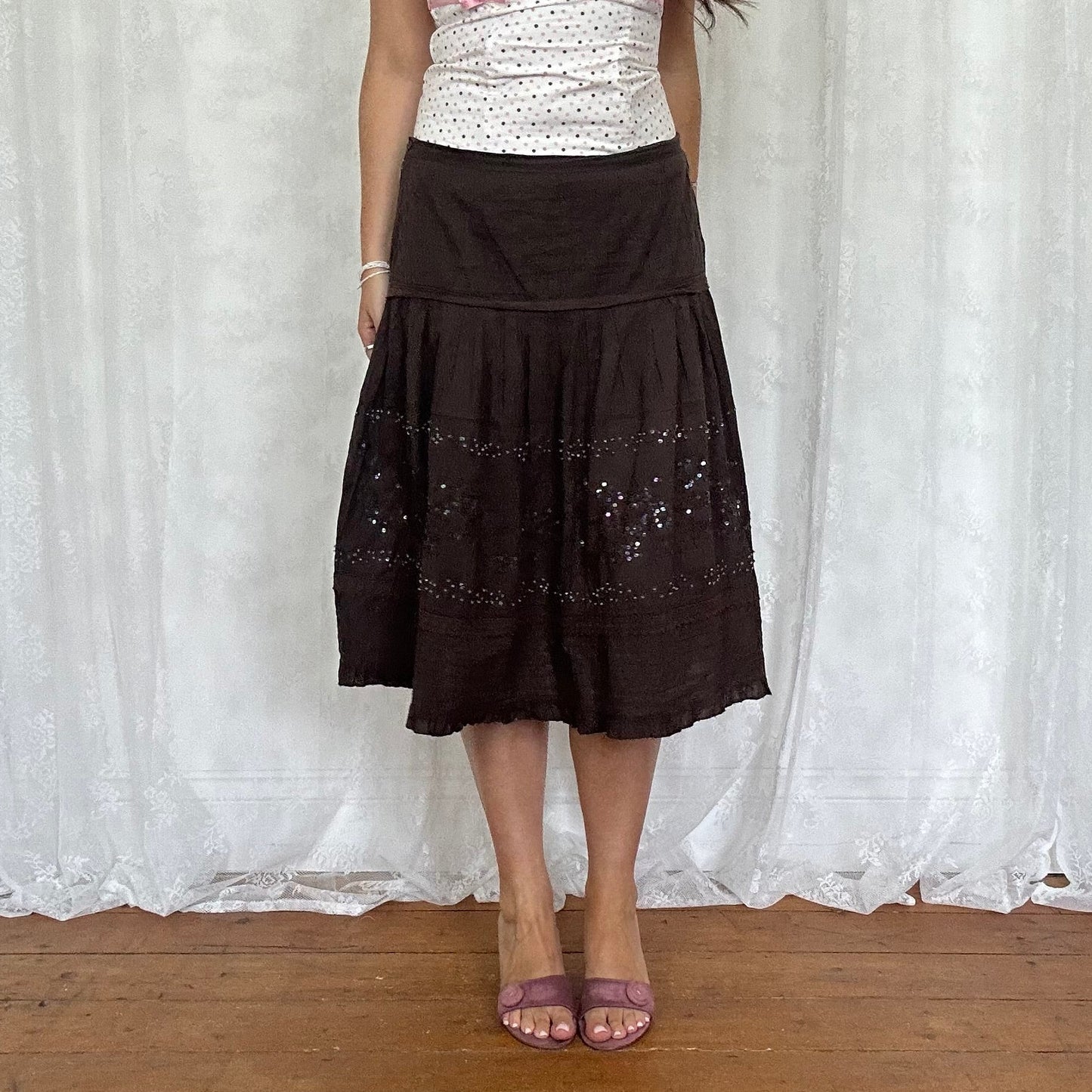 vintage 00s brown beaded tiered midi skirt