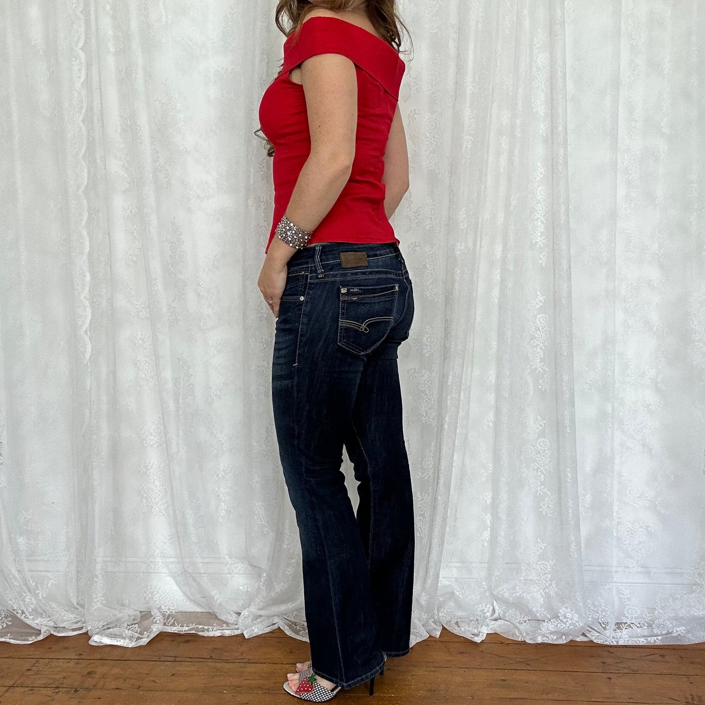vintage 00s red fitted off shoulder bow top