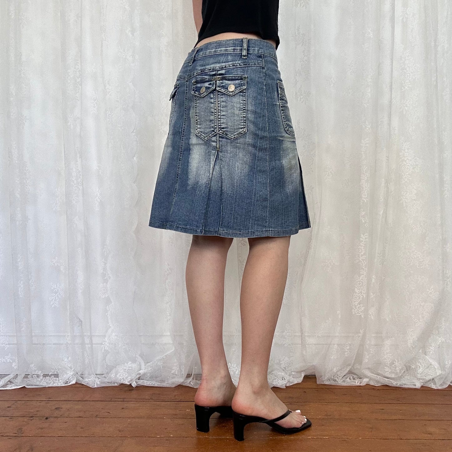 vintage 00s dual pocket washed denim midi skirt