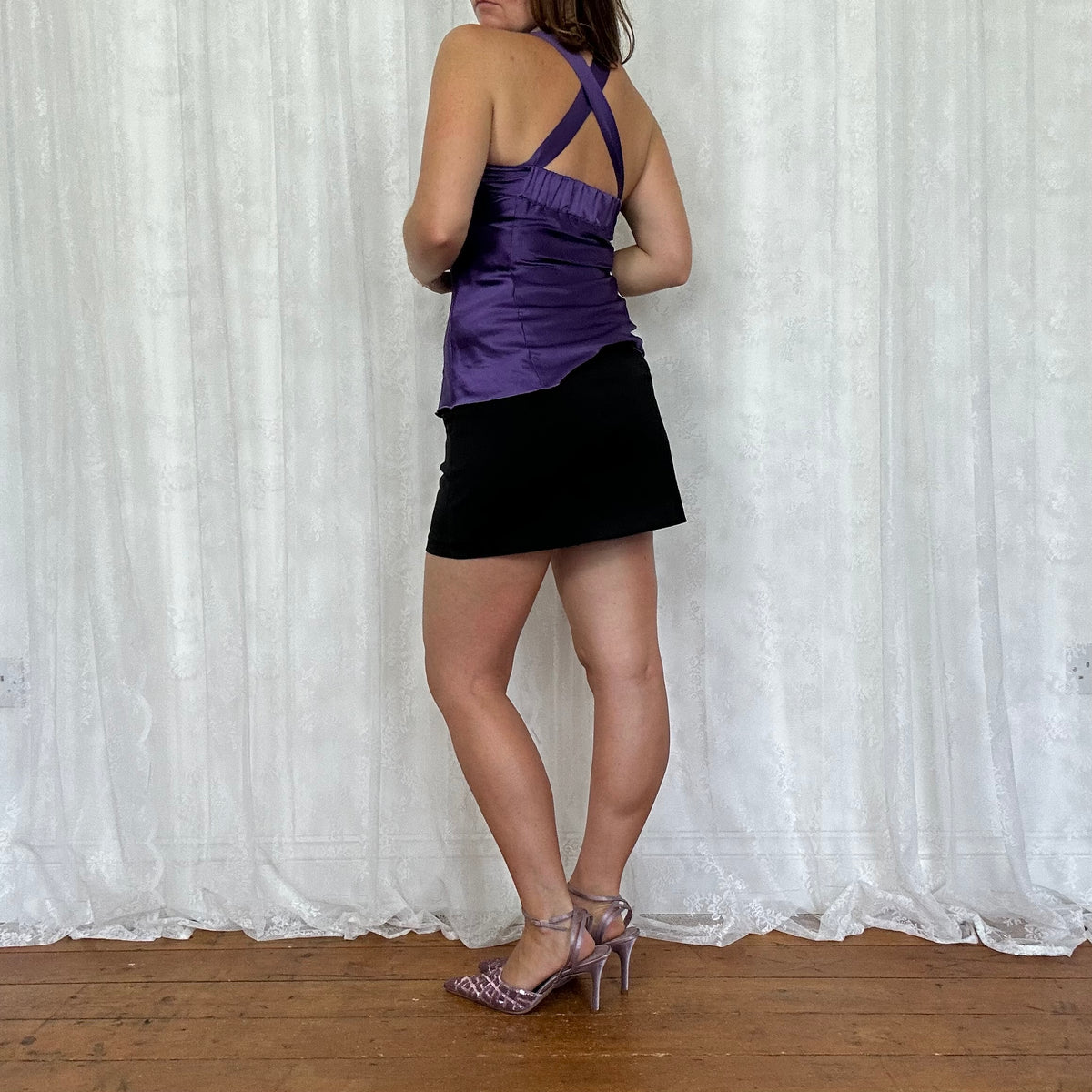 vintage 00s purple satin cross back cami