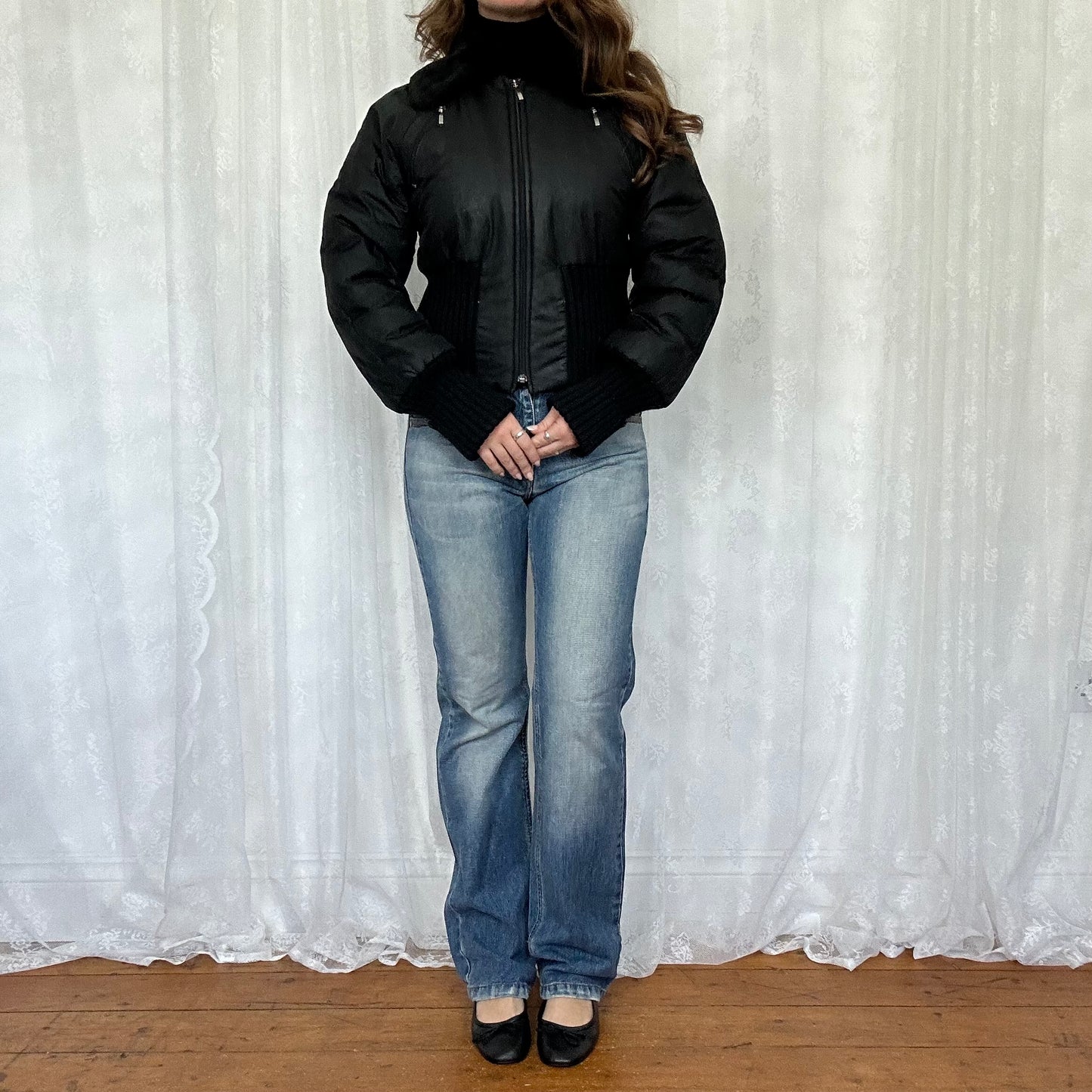vintage 00s black cinched waist bomber jacket
