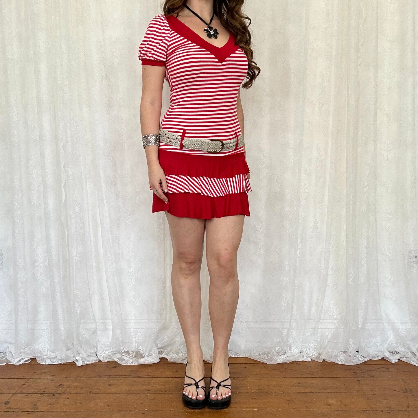 vintage 00s red and white striped rara mini dress