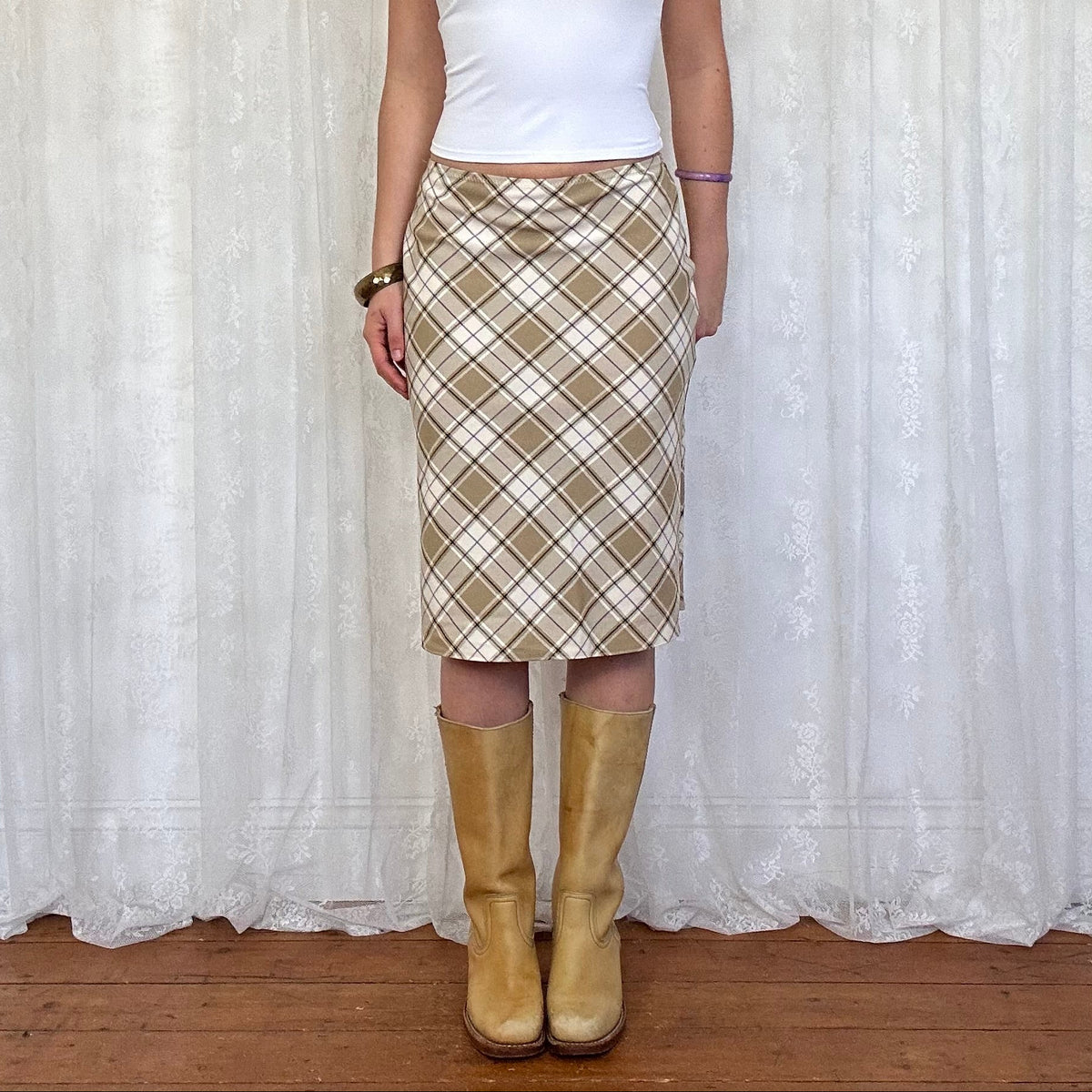 vintage 00s beige checkered midi skirt