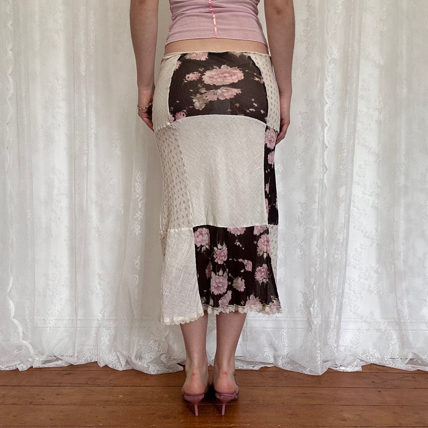 vintage 00s cream brown and pink floral patchwork midi skirt