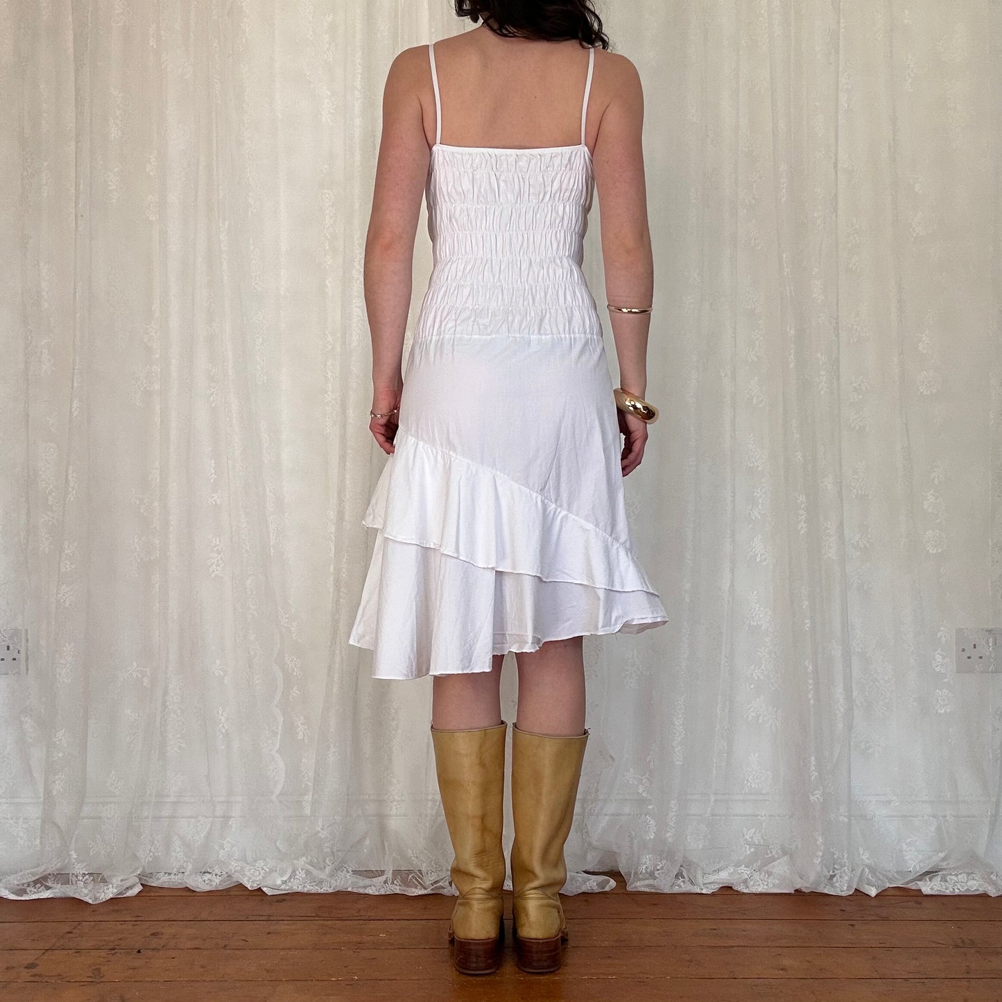 vintage 00s white broderie tie up front midi dress