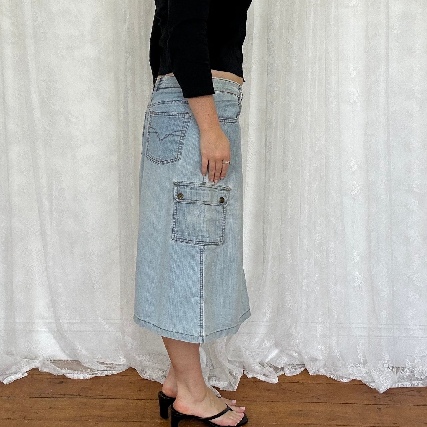 vintage 00s light wash denim midi skirt