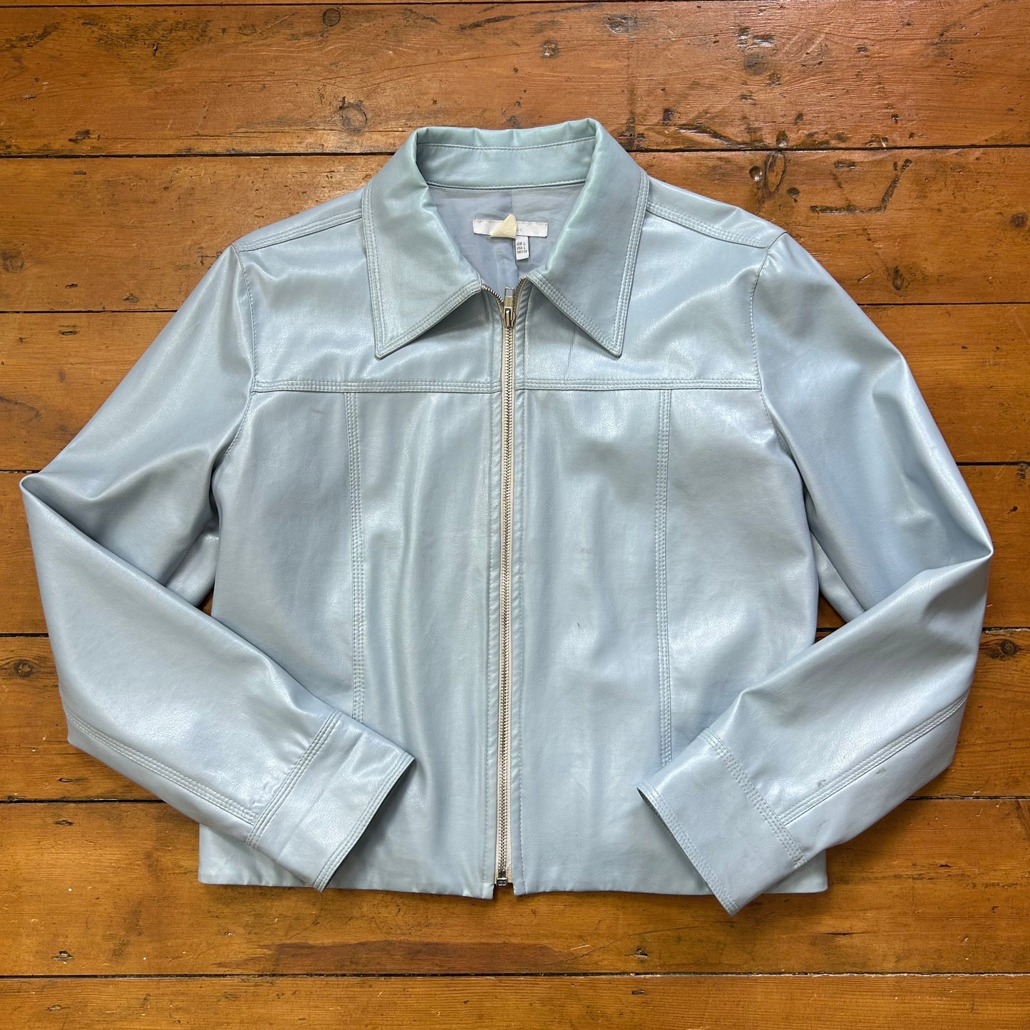 vintage 00s baby blue leather style zip up jacket