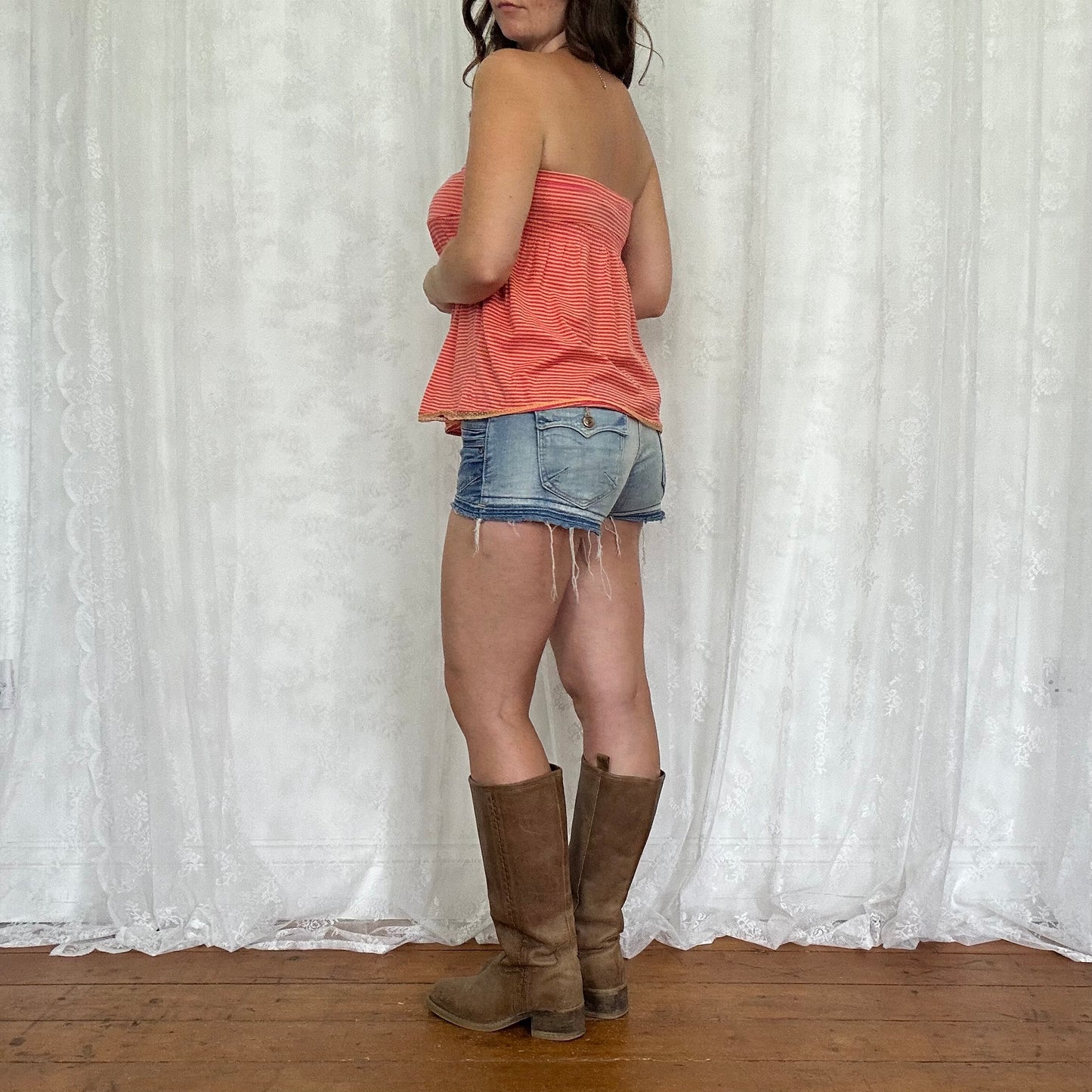 vintage 00s pink and orange stripe strapless top