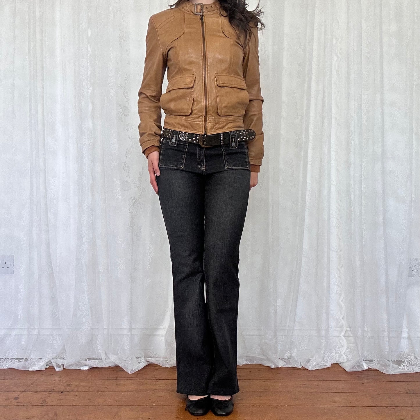 vintage 00s tan leather genuine leather biker jacket