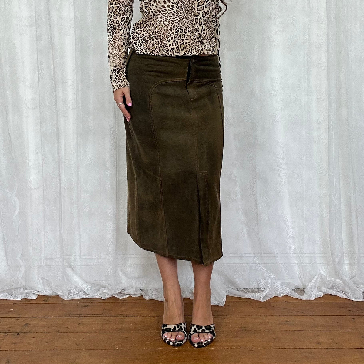 vintage 00s brown contrast stitch midi skirt