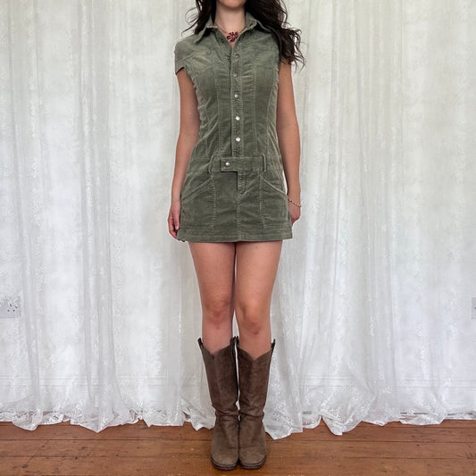 vintage 00s khaki cord button up shirt dress