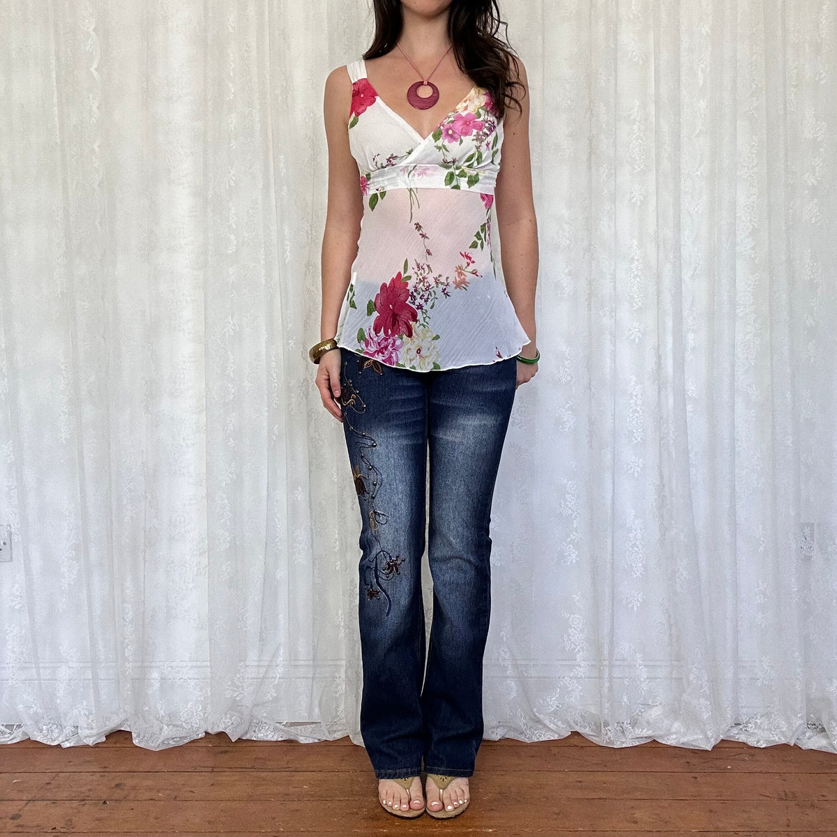 vintage 00s white floral tie back top