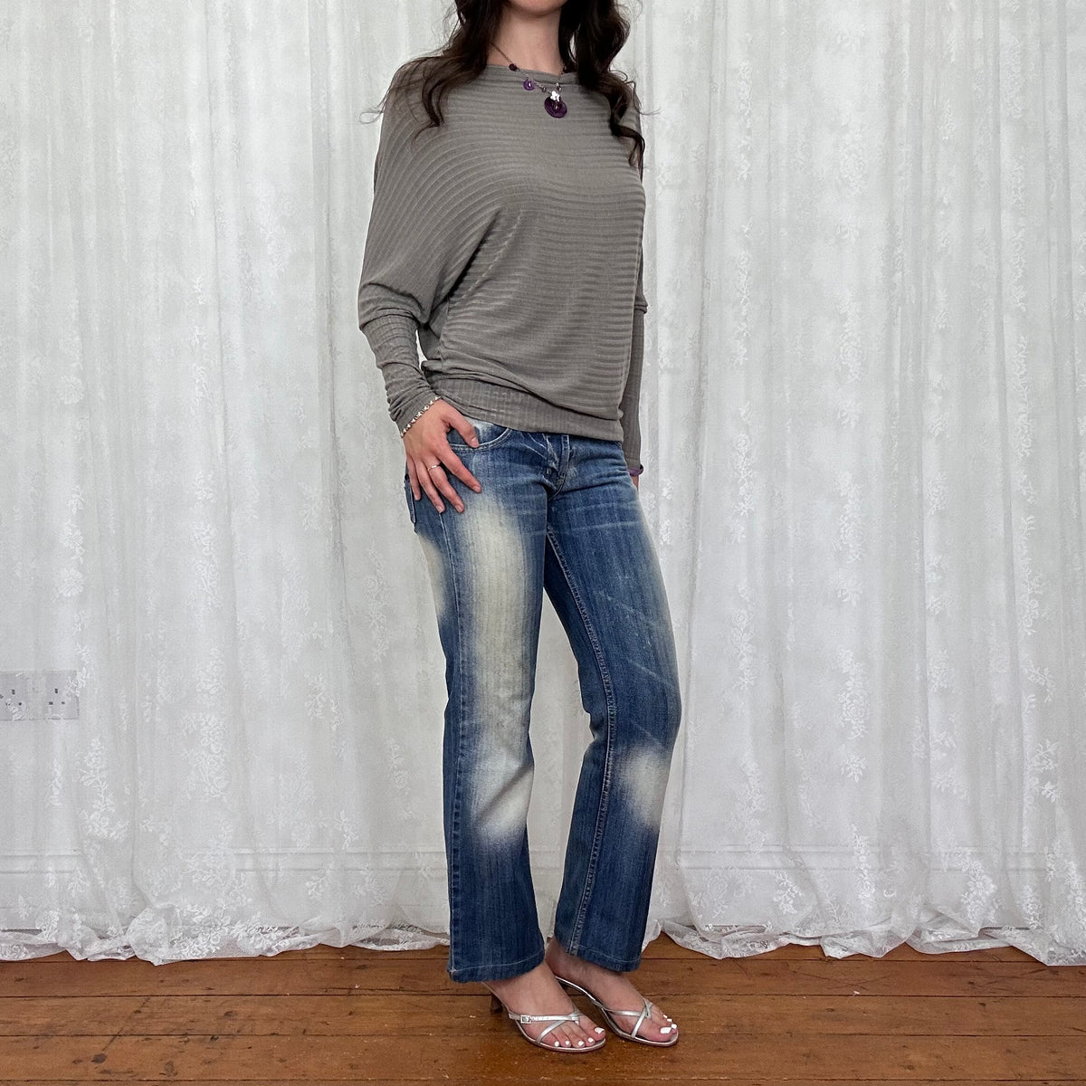 vintage 00s grey brown slouchy batwing top
