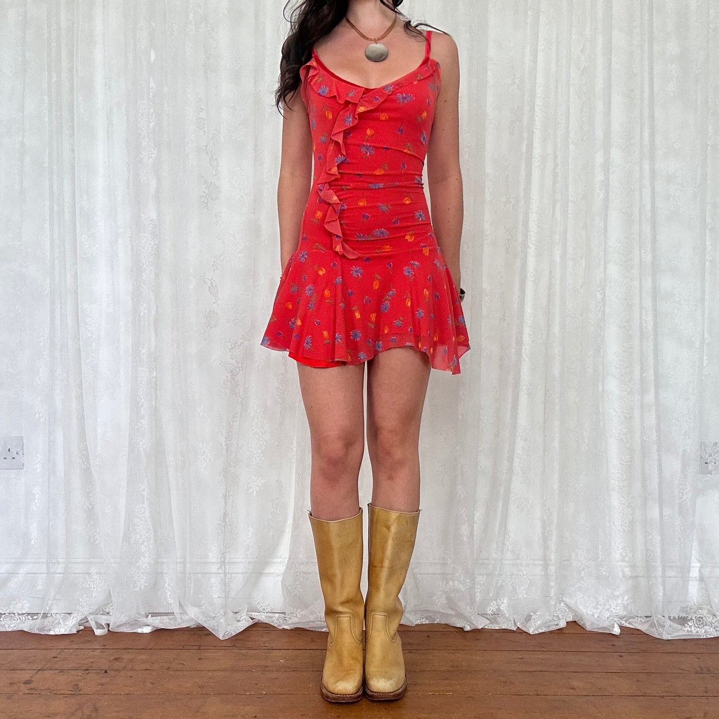 vintage 00s red floral mesh mini dress