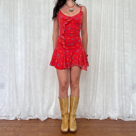 vintage 00s red floral mesh mini dress