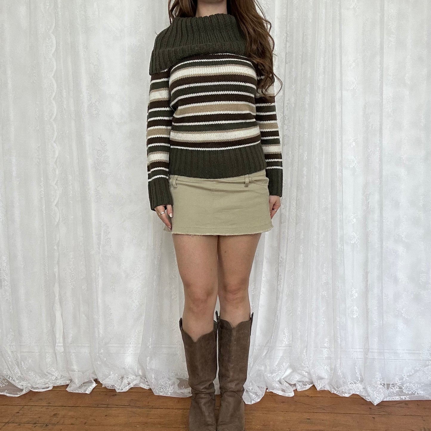 vintage 00s brown and khaki striped knitted jumper