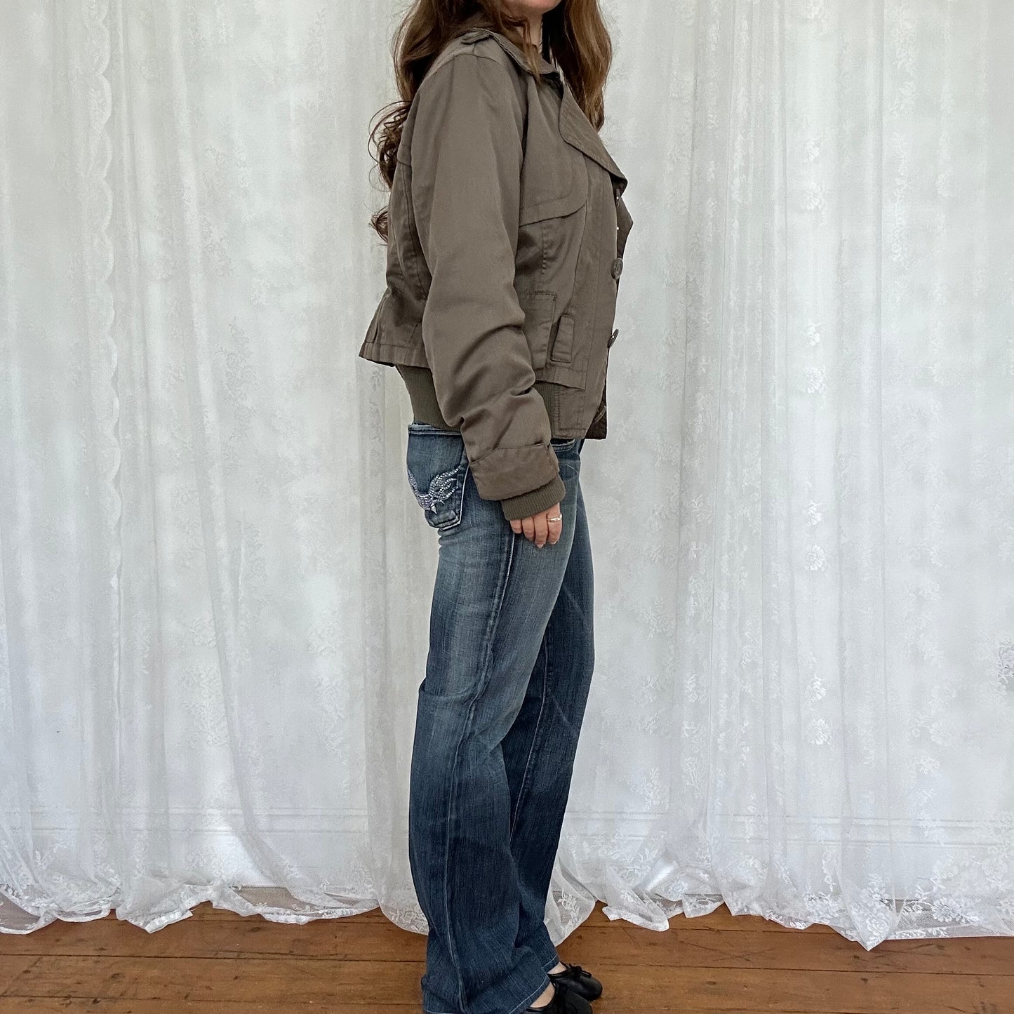 vintage 00s khaki brown peacoat style bomber jacket