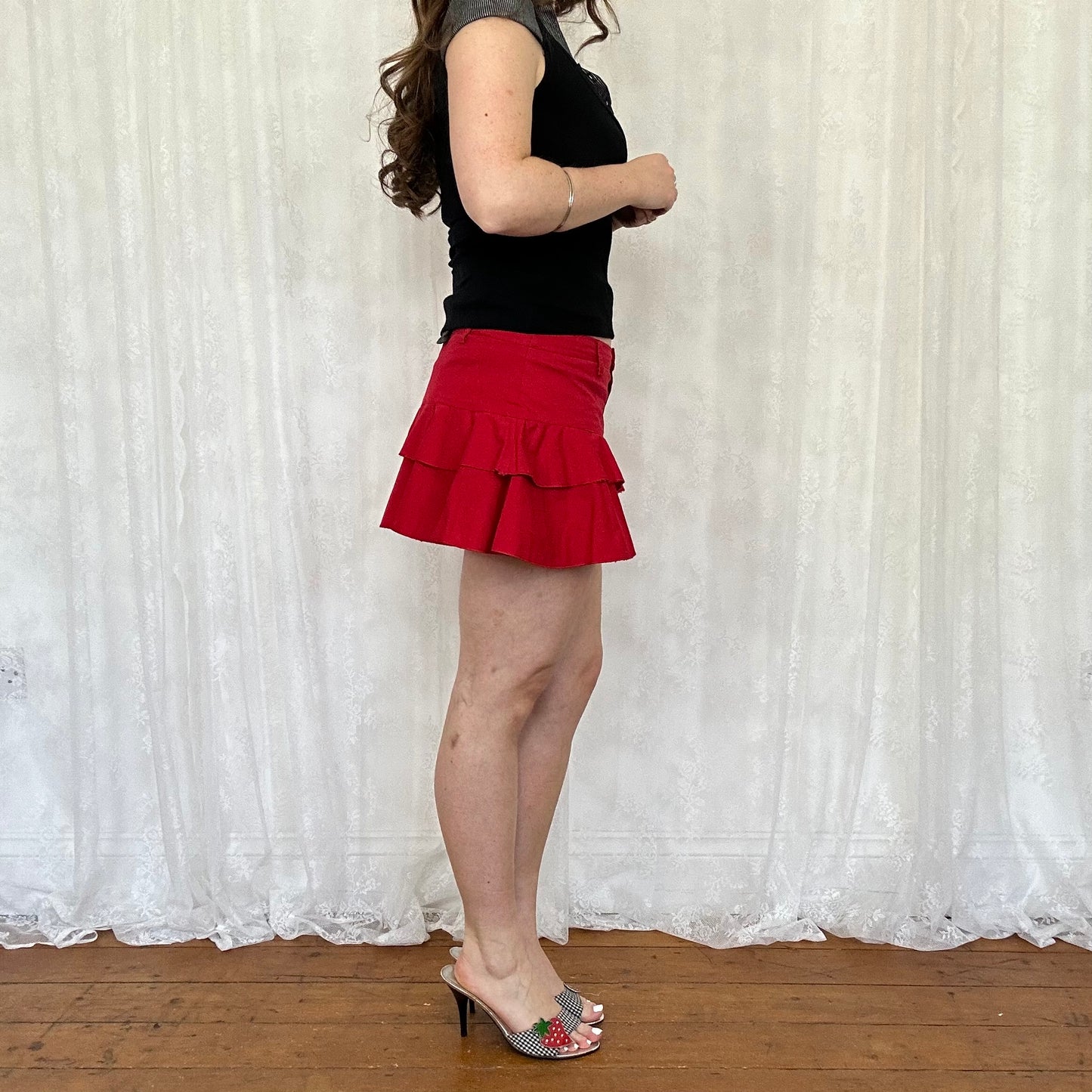 vintage 00s red frill hem mini skirt