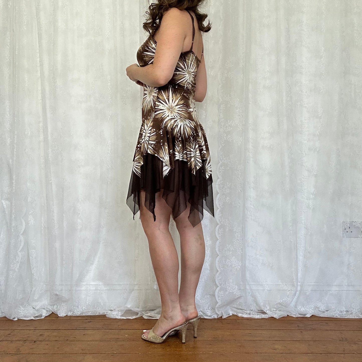 vintage 00s brown floral hanky hem mini dress