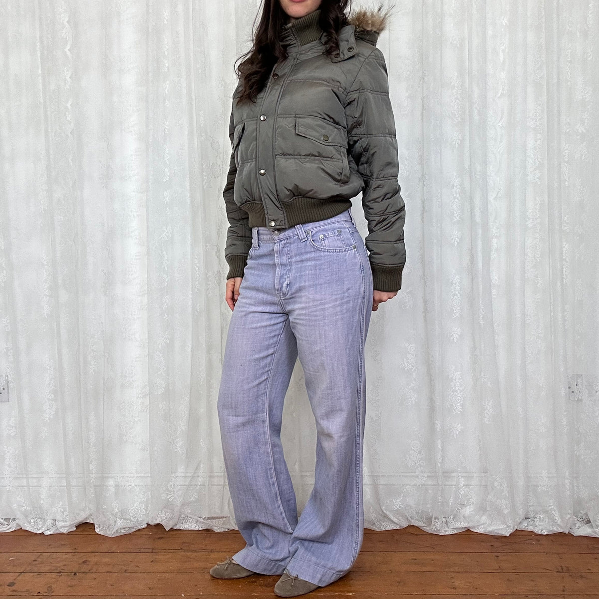 vintage 00s grey / brown hooded bomber with faux fur trim