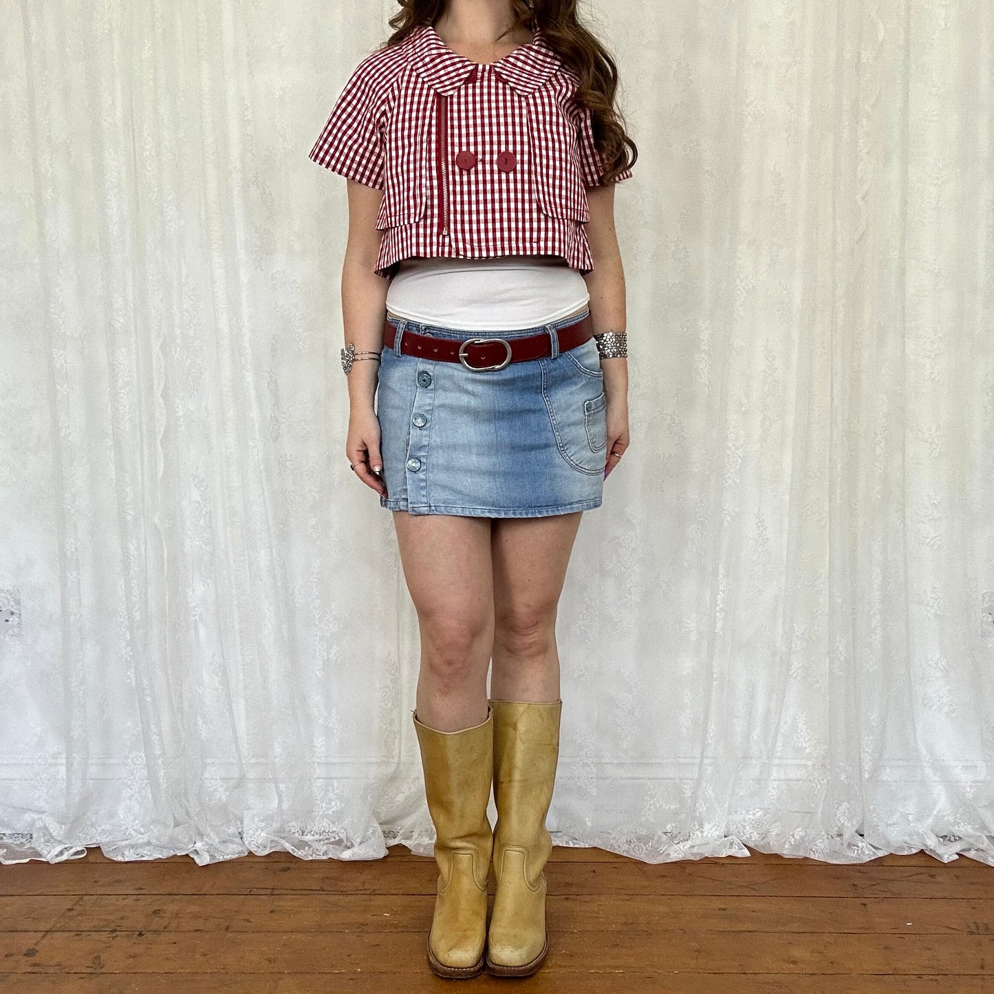 vintage 00s red gingham crop peacoat