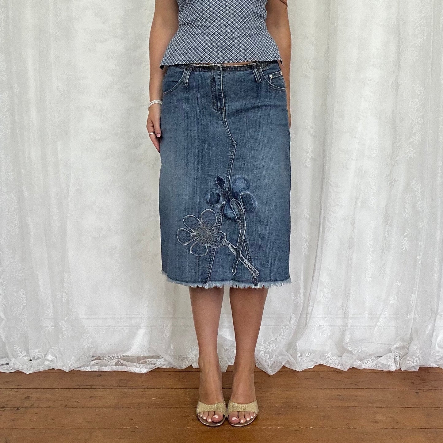 vintage 00s denim floral midi skirt