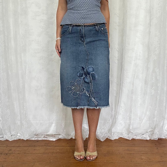 vintage 00s denim floral midi skirt