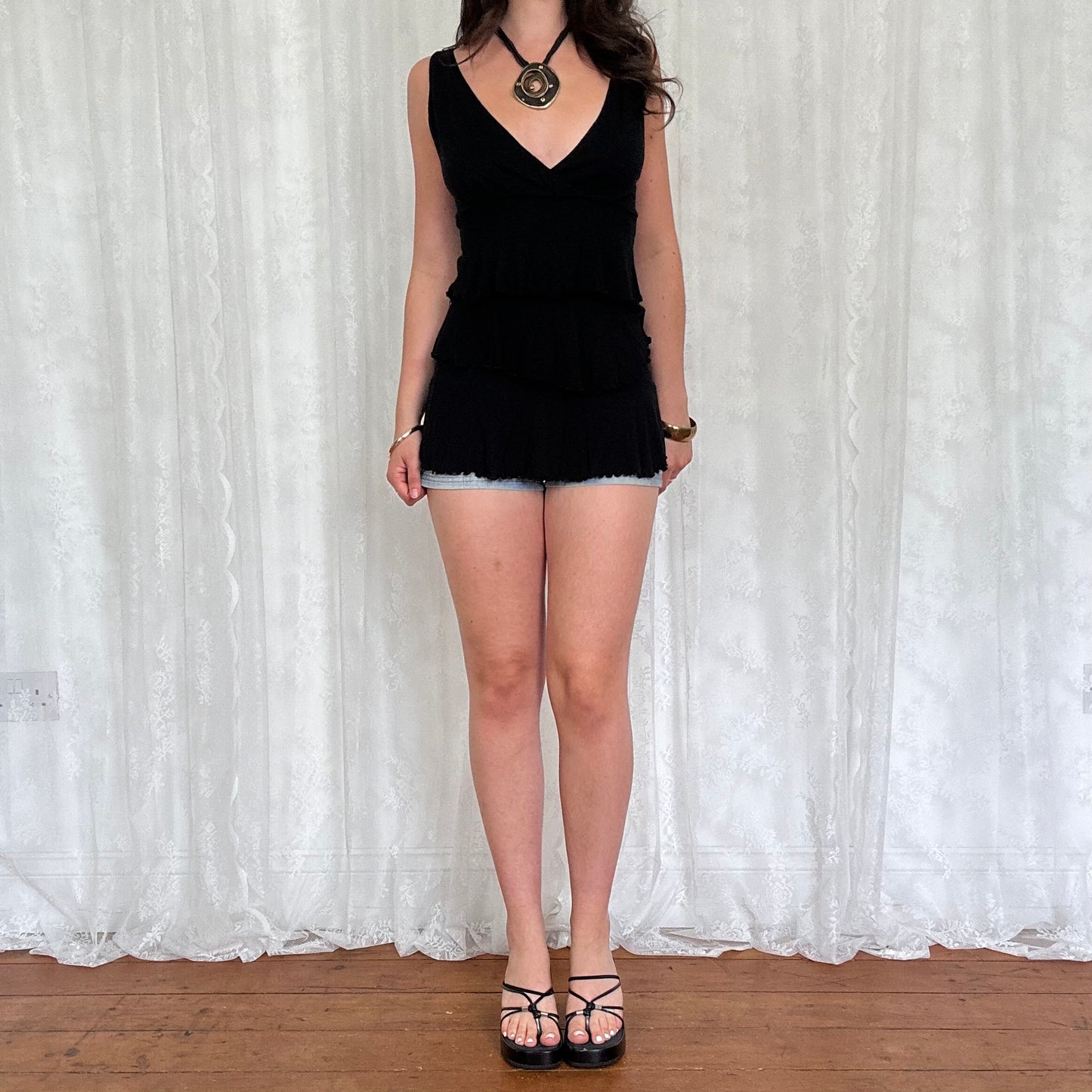 vintage 00s black tiered ruffle cami