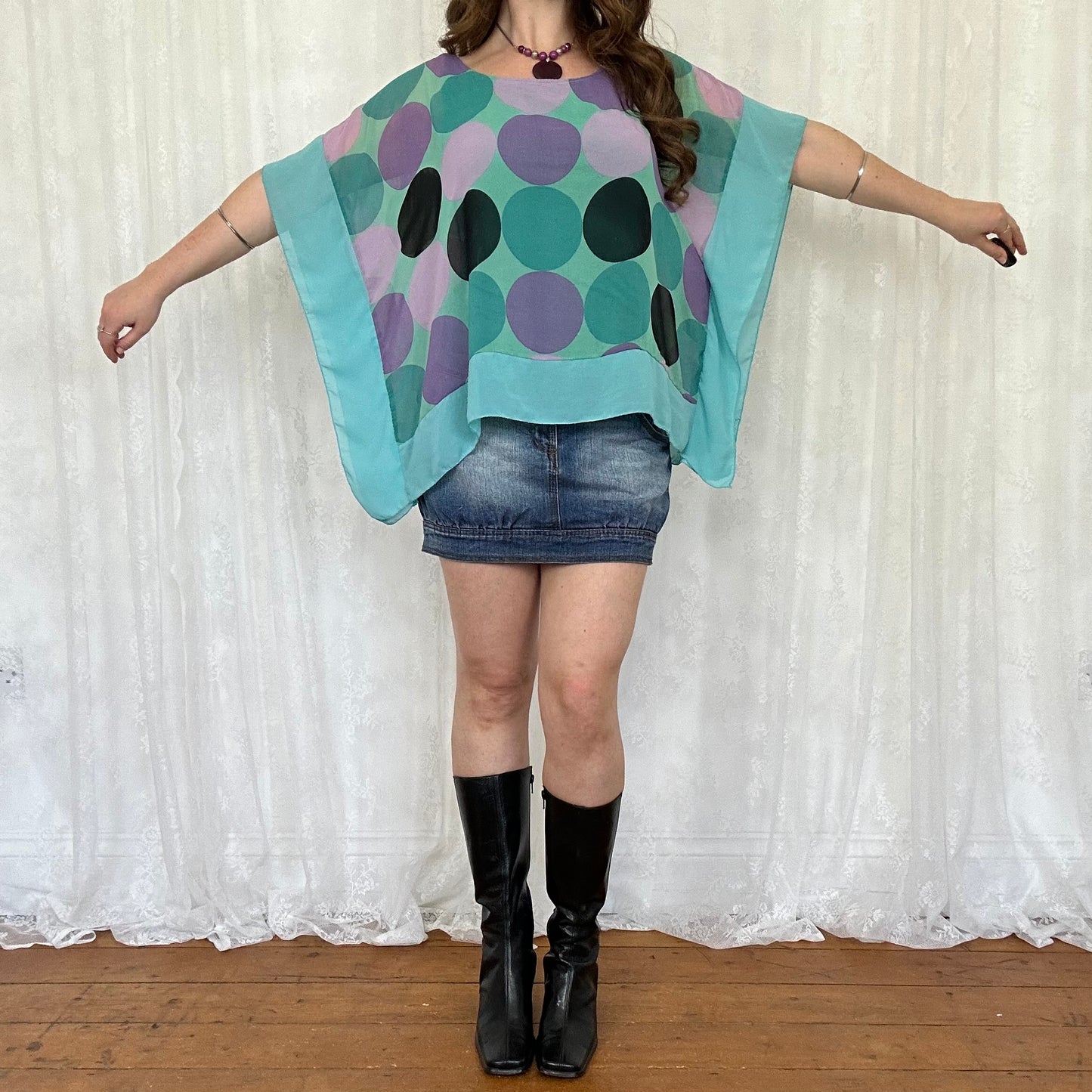 vintage 00s purple and blue patterned batwing top