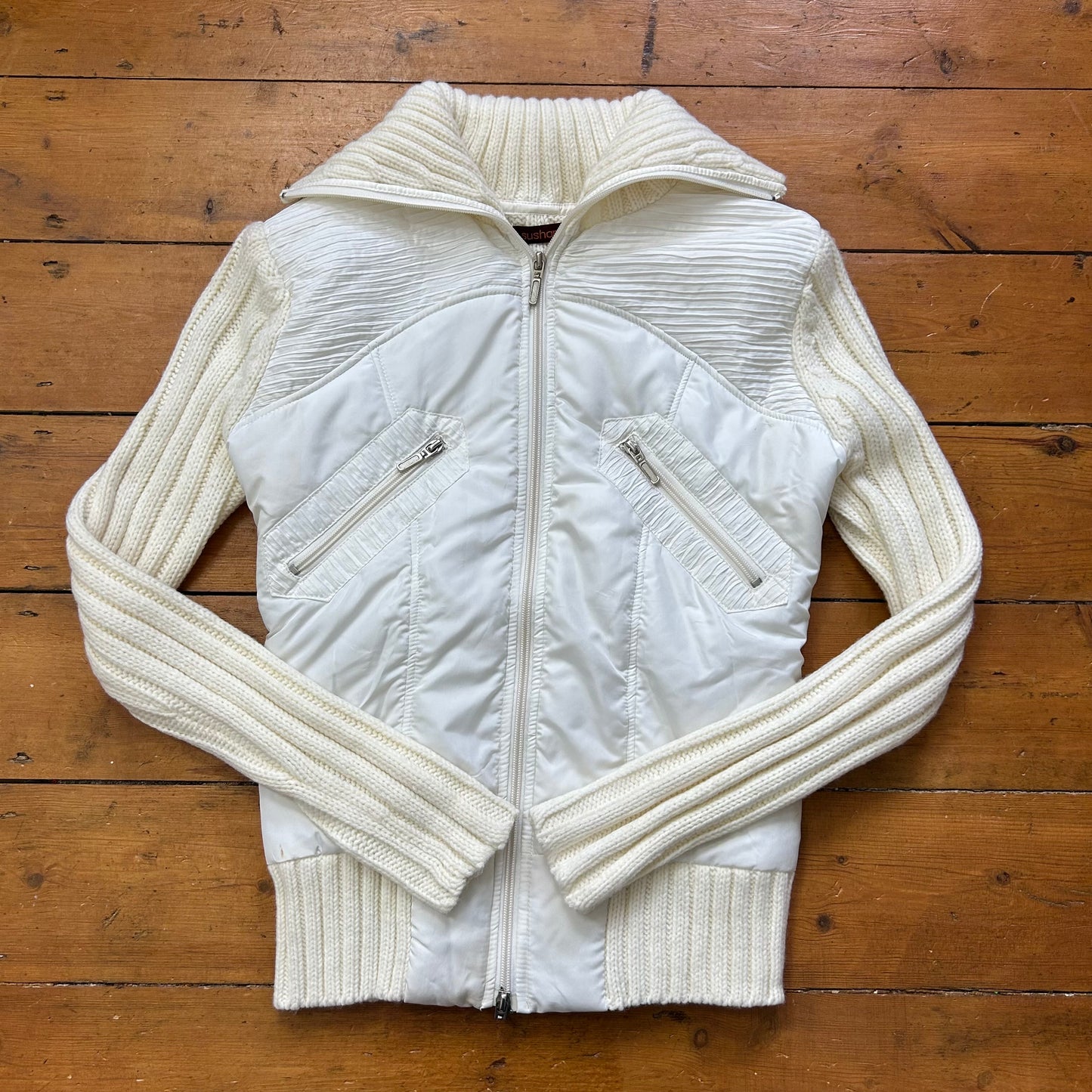vintage 00s white cream cable knit puff jacket/jumper