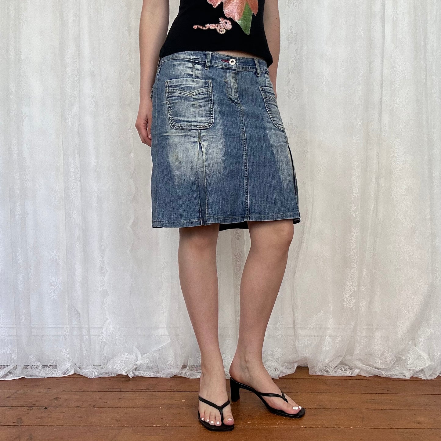 vintage 00s dual pocket washed denim midi skirt