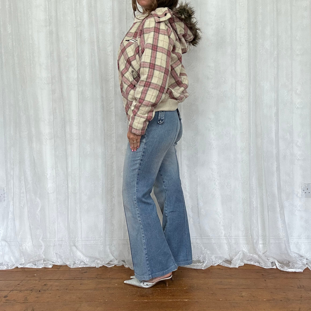 vintage 00s pink and white checkered hooded bomber jacket
