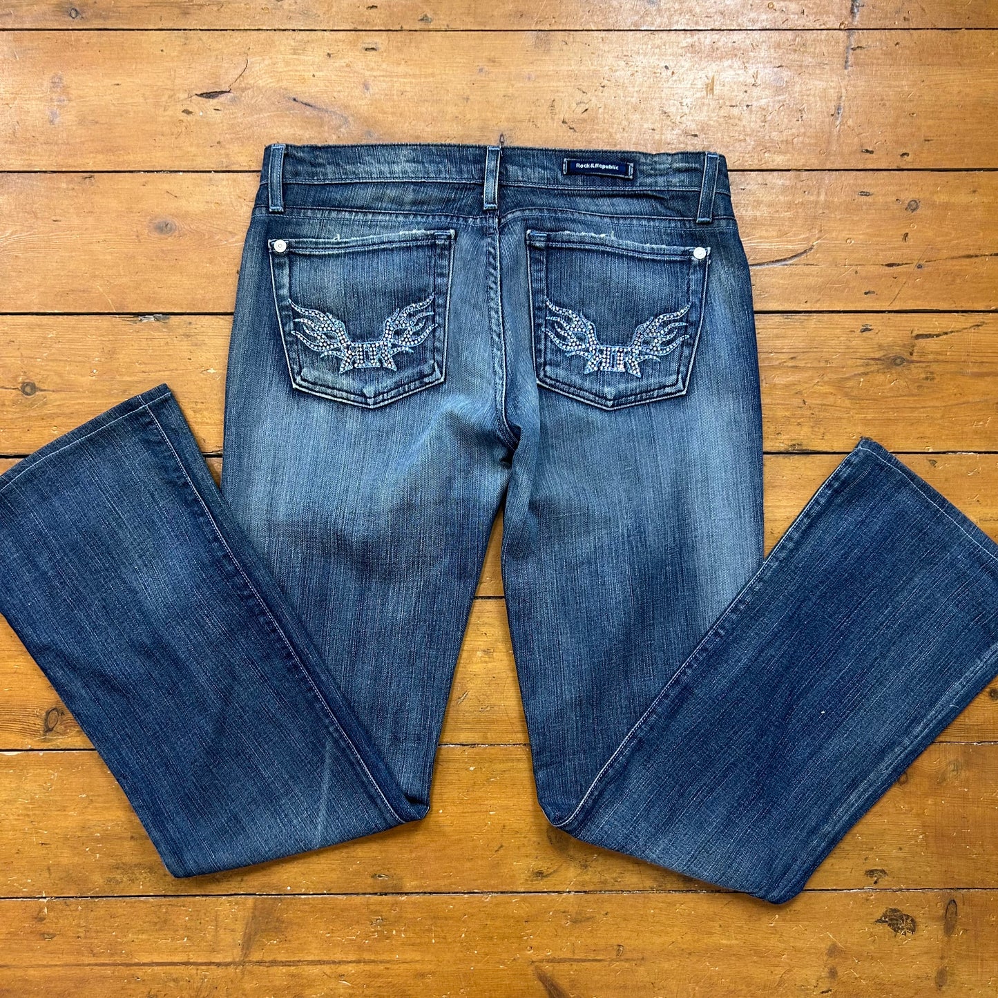 vintage 00s low rise mid wash diamanté detail denim jeans
