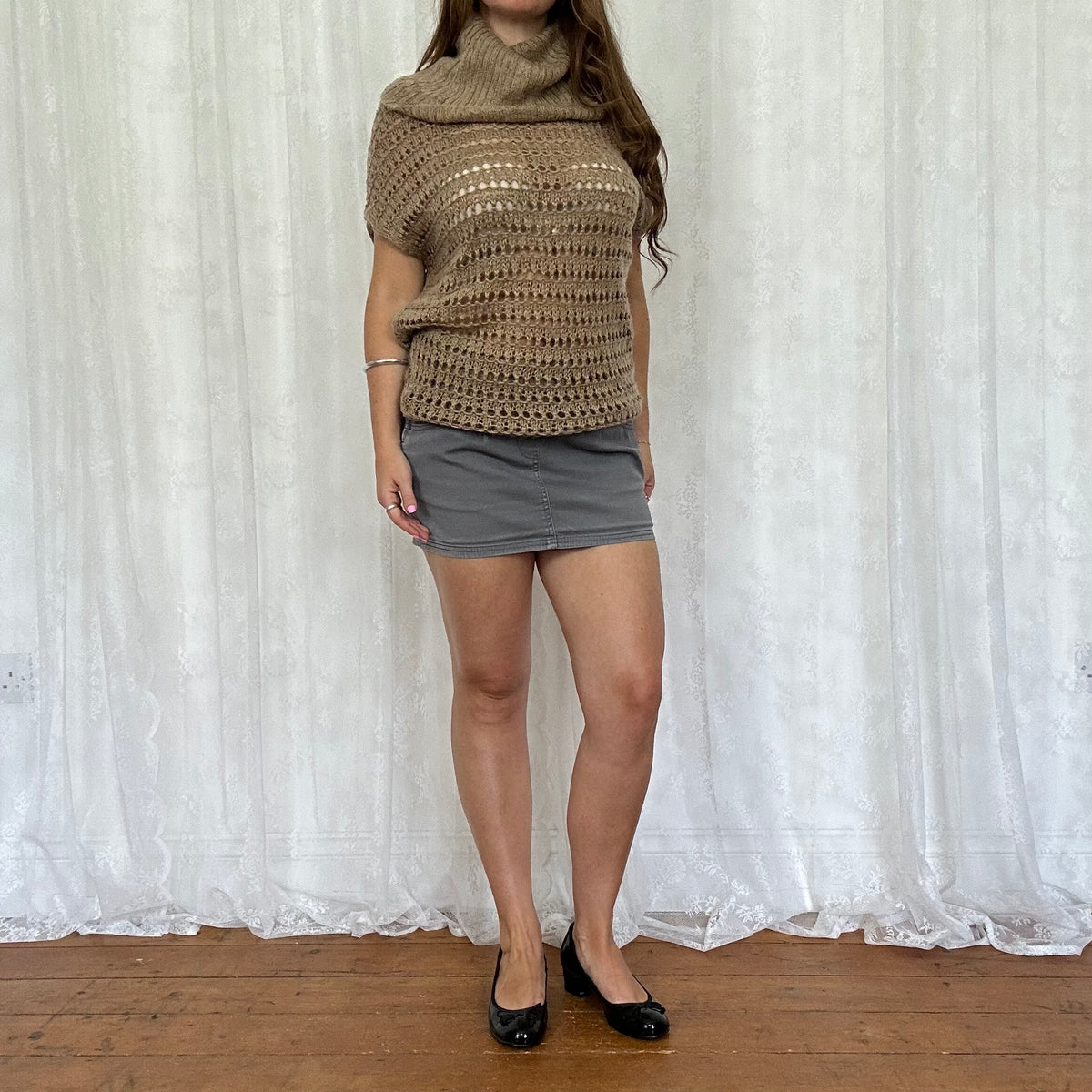 vintage 00s brown crochet short sleeve jumper/ mini dress