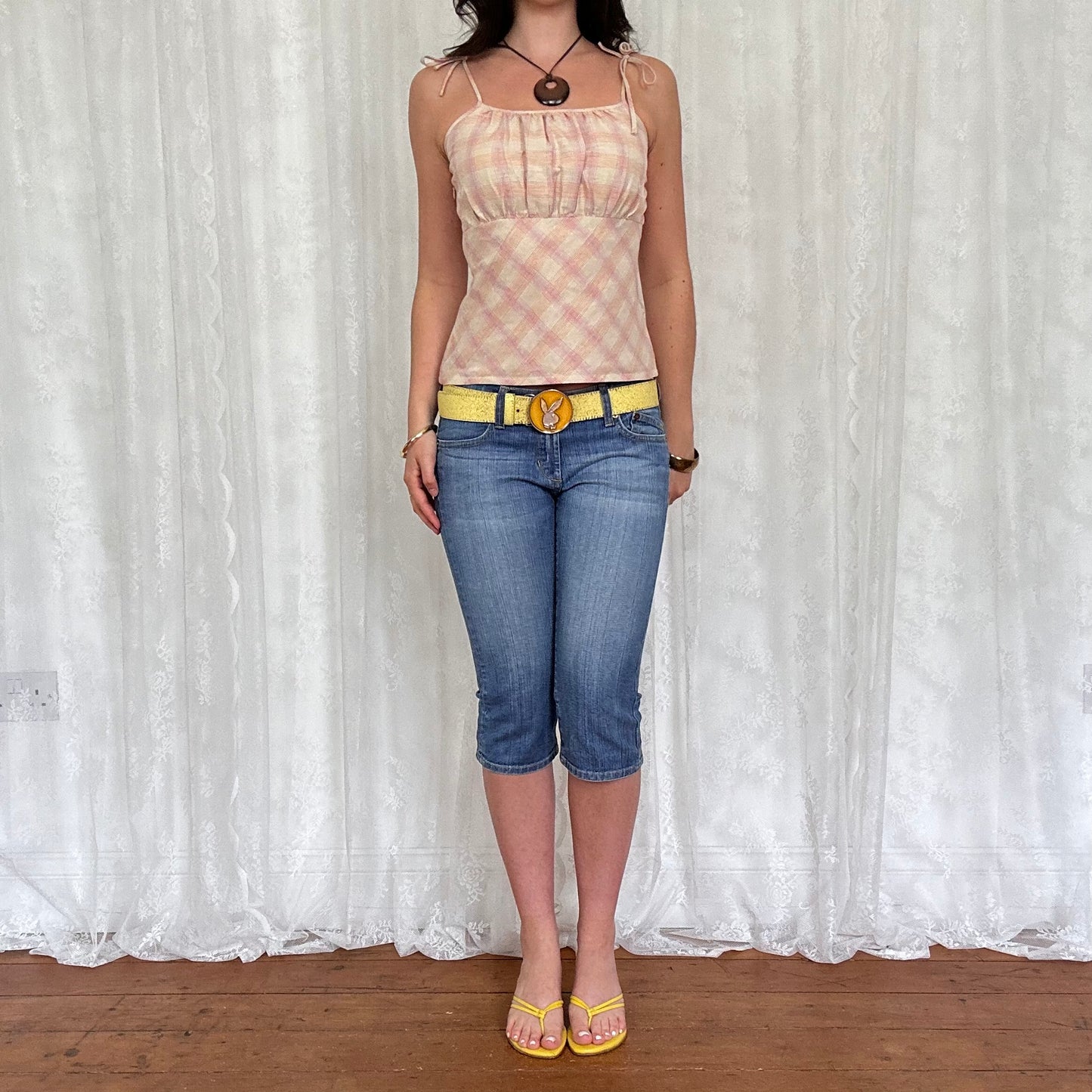 vintage 00s cream and pink checkered cami