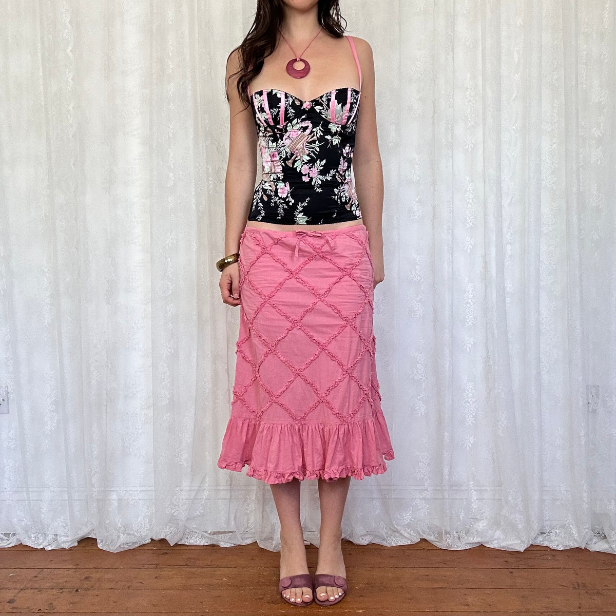vintage 00s pink linen midi skirt