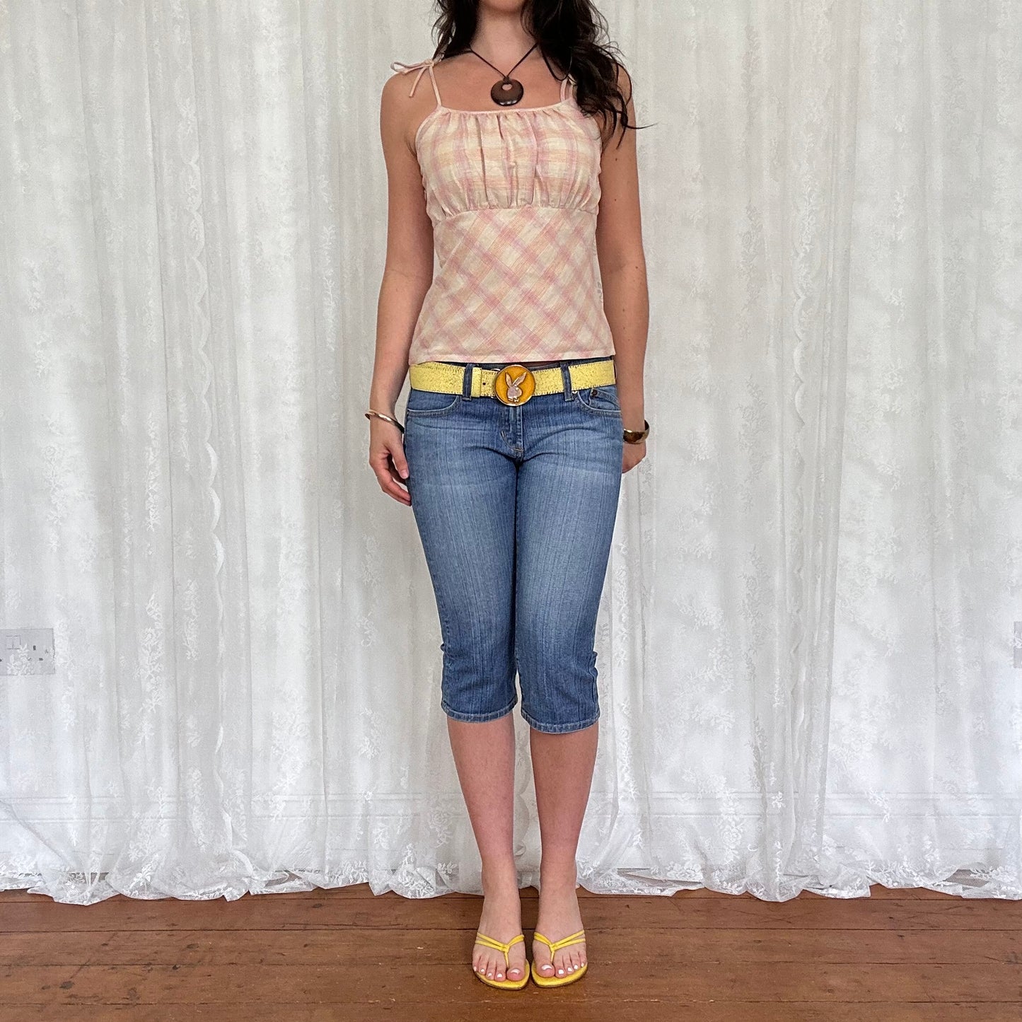 vintage 00s cream and pink checkered cami