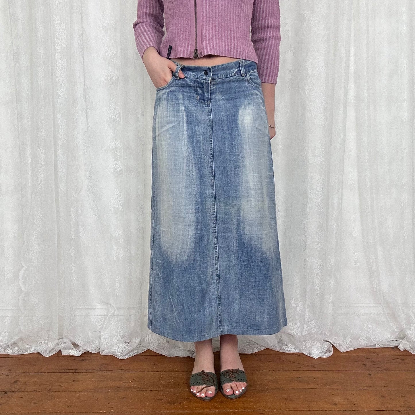 vintage 00s light wash denim maxi skirt