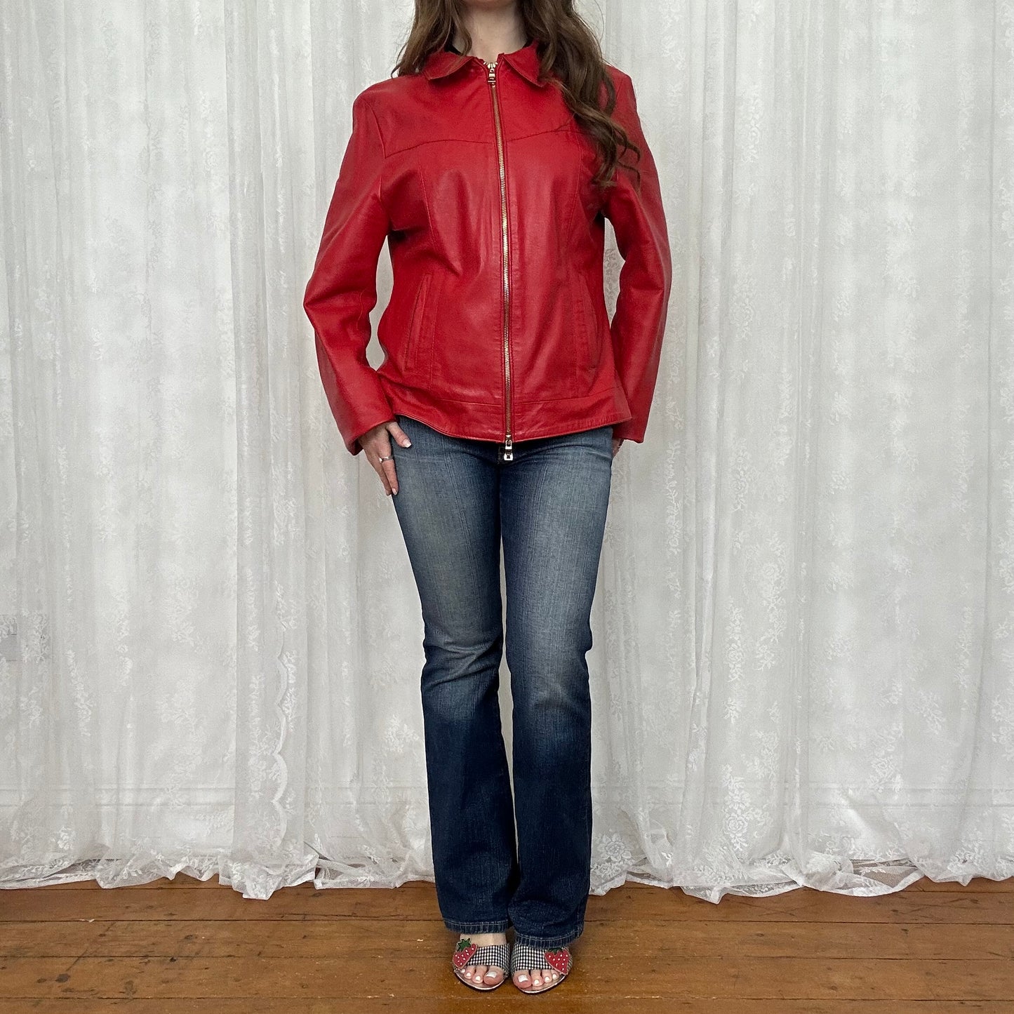 vintage 00s red dual zip leather jacket
