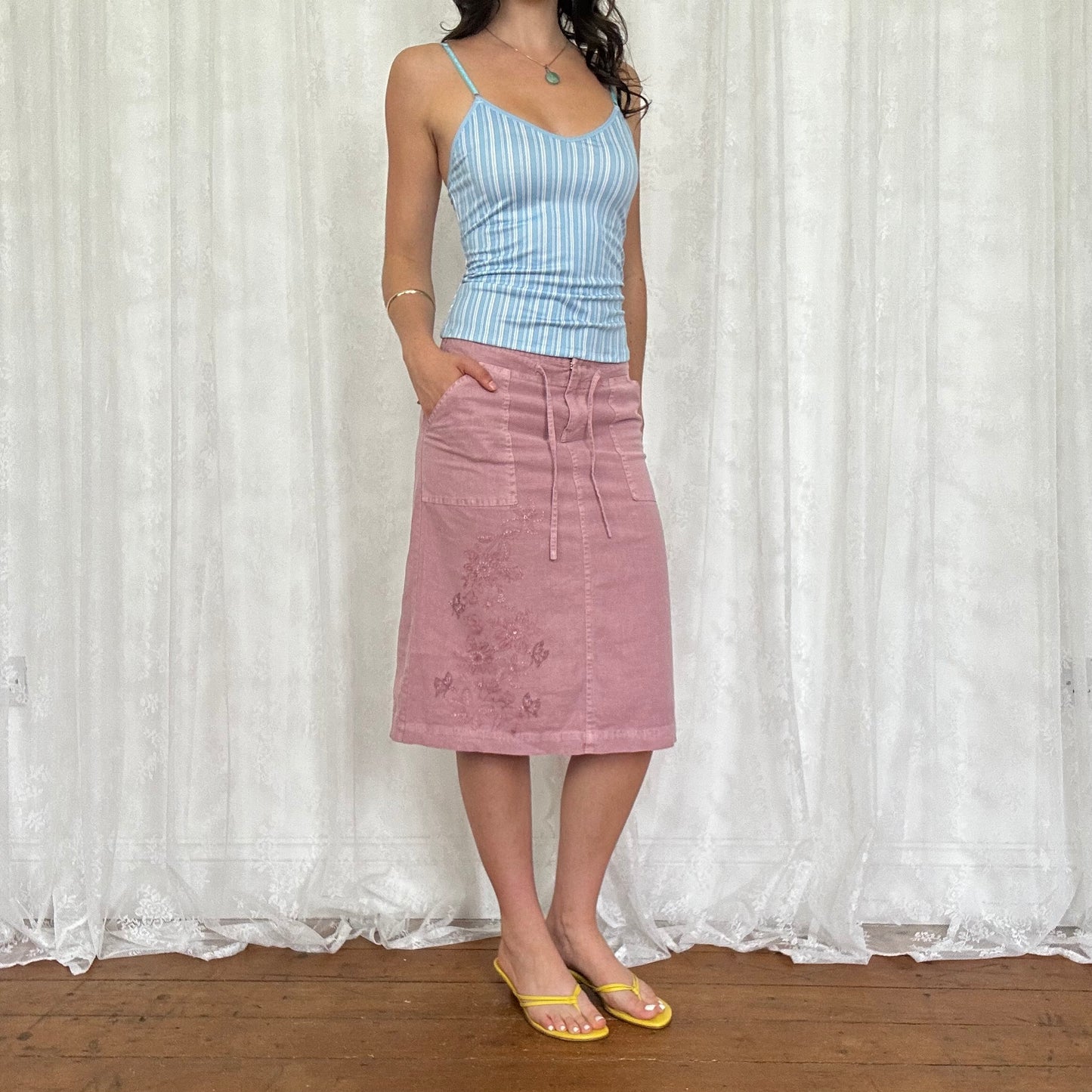 vintage 00s dusky pink embroidered midi skirt