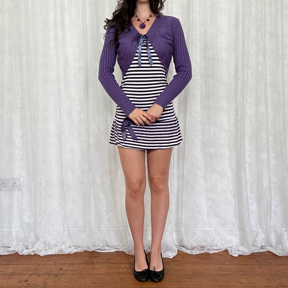 vintage 00s purple ribbed tie up cardigan