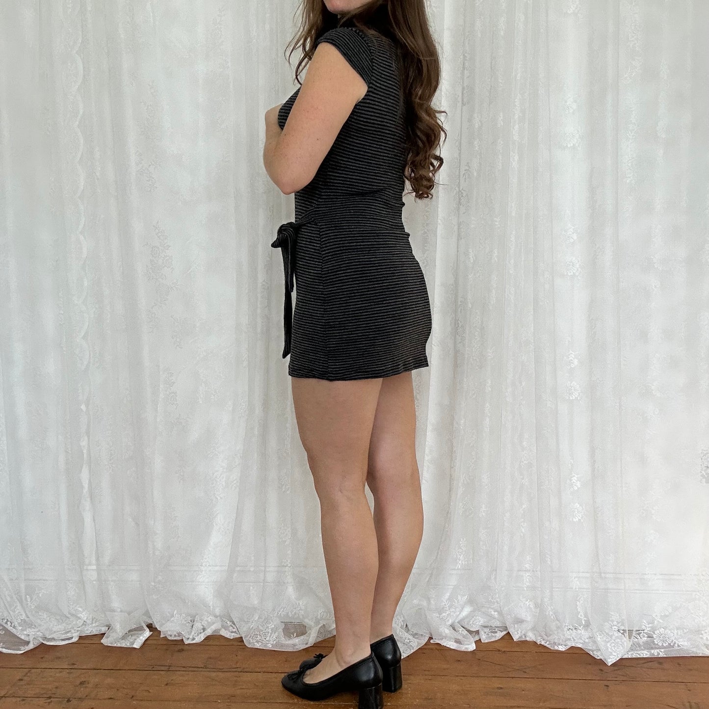 vintage 00s black and grey striped knitted mini dress