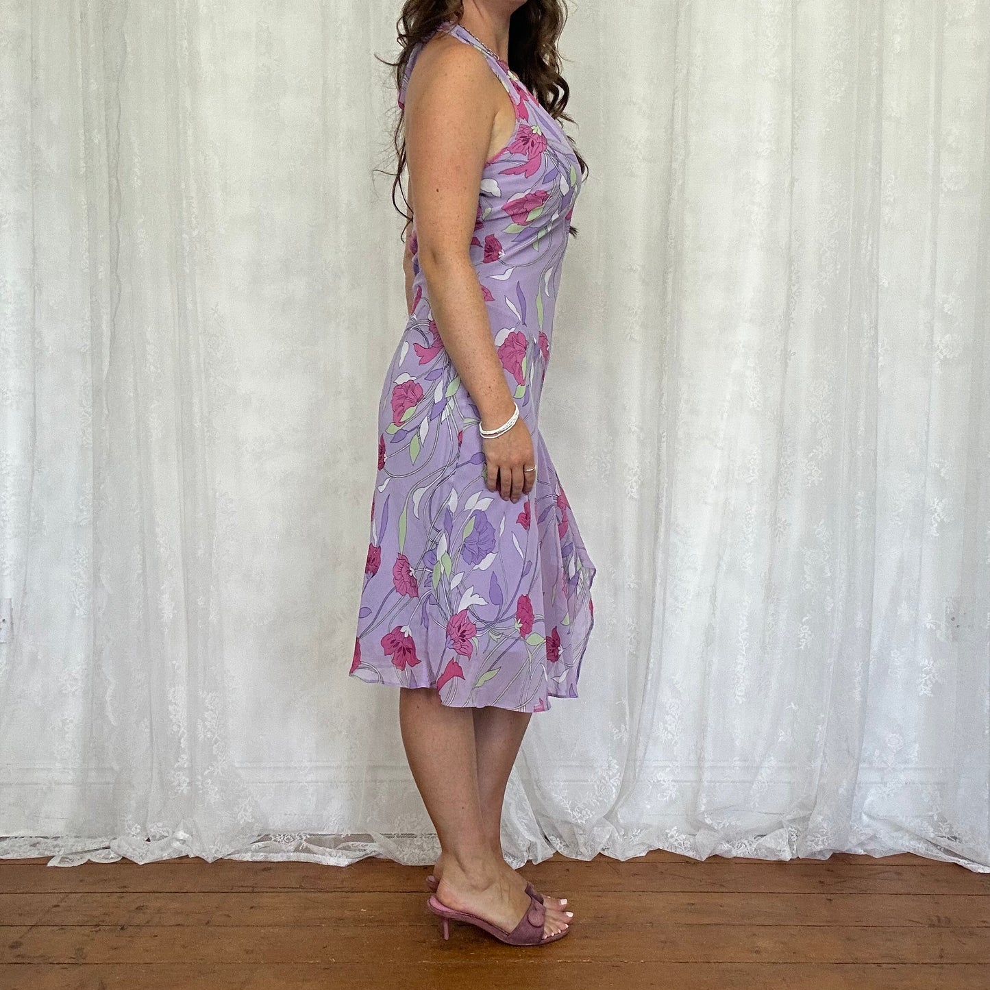 vintage 00s purple floral halter midi dress