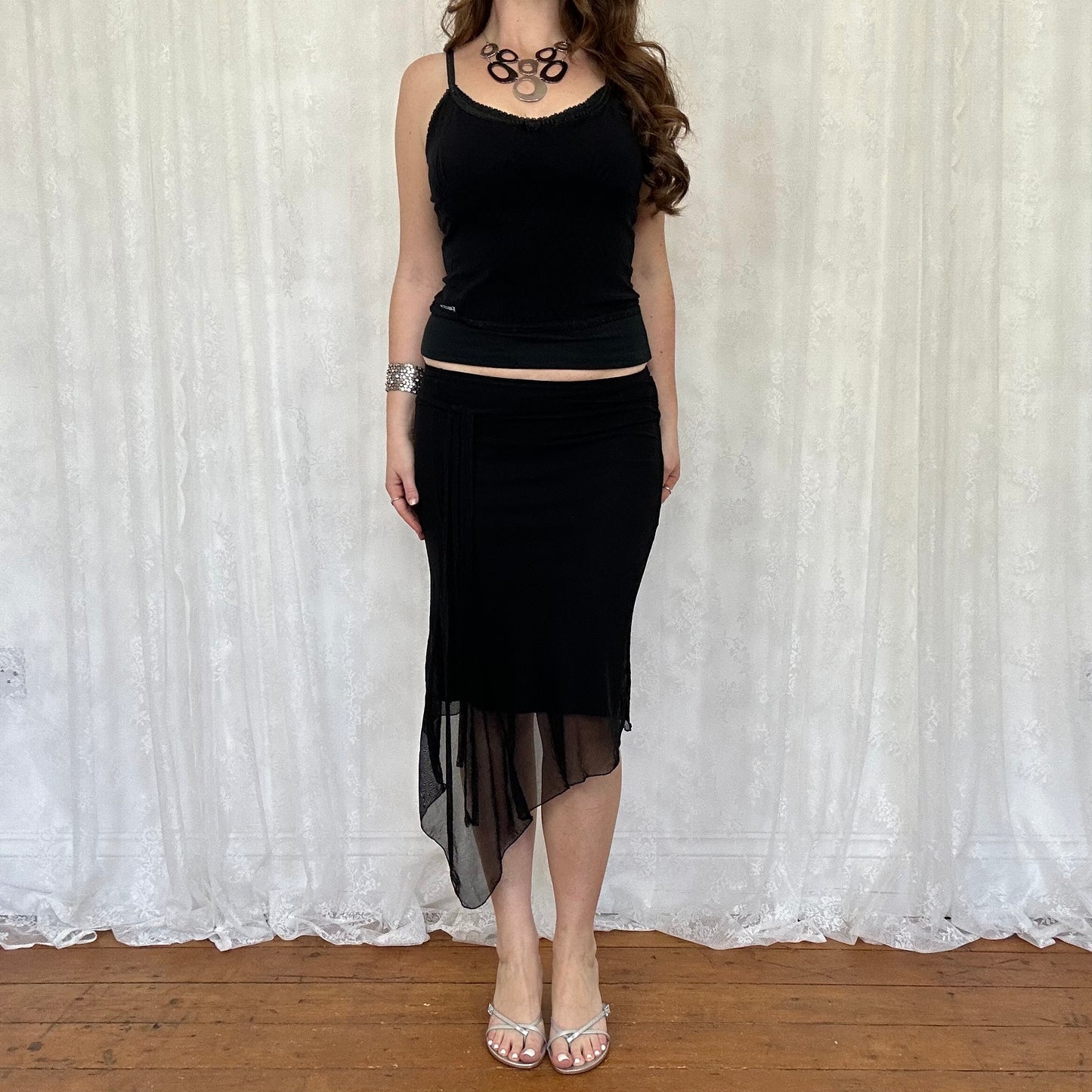 vintage 00s black pointelle sequin trim cami