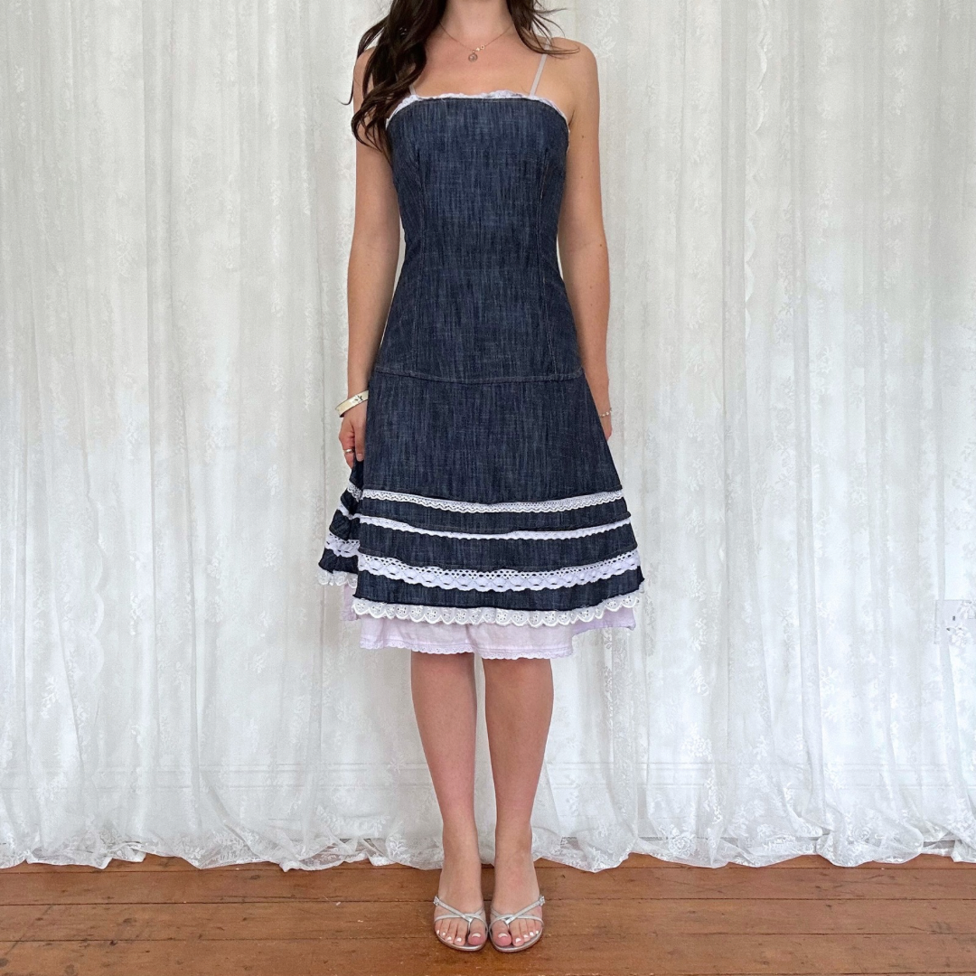 vintage 00s denim midi dress with broderie trim