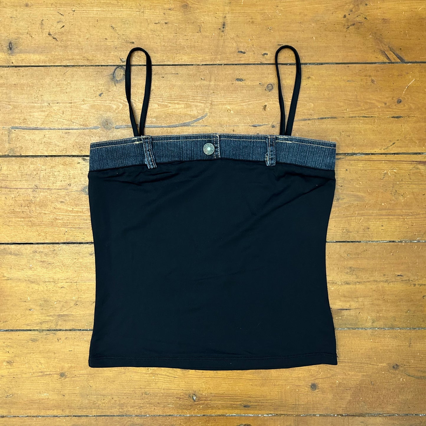 vintage 00s black slinky denim trim cami