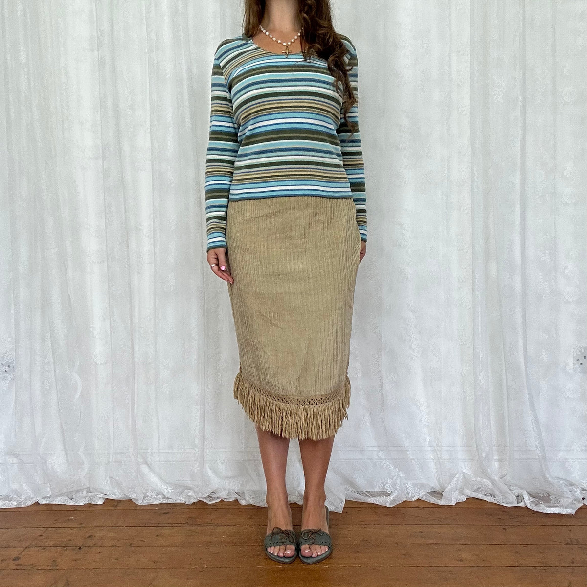 vintage 00s brown and blue striped long sleeve top